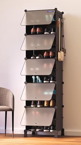 Image of BOXJOY 10 Shelf Shoe Rack with 5 Transparent Doors, 5 Hook Steel Holder & Wooden Hammer Home Storage PP Plastic Organizer with Metal Door Frame to Cover Chappal Slipper Sandals Shoes Box Stand (Black)