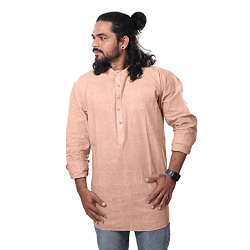 LOOQ Handwoven Khadi Cotton All Weather Worn Long Sleeve Kurta for Men with Regular Fit and Stand-up Collar (Peach, XL) Cover
