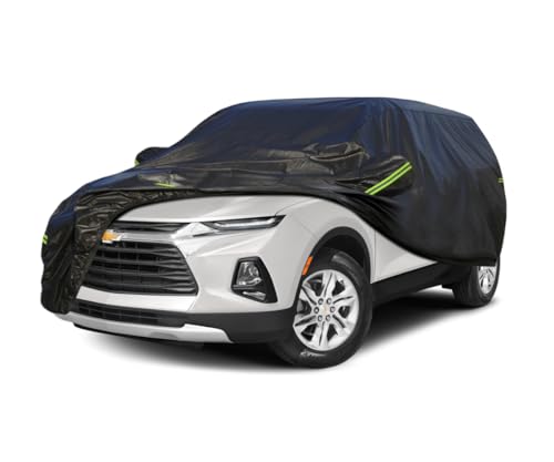 Image of KouKou Waterproof SUV Car Cover Suitable for Chevy Blazer from 1982 to 2025, 7 Layers Windproof All Weather Waterproof Outdoor Cover Sun Rain UV Dust Snow Protection. Black