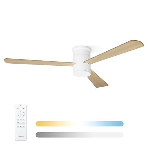 Noaton Ventilador de Techo con Mando a Distancia, Luz Ajustable 22,9 W, Madera natural, Ultra Silencioso, 6 Velocidades, Temporizador, 3 Palas, Función Verano-Invierno, Ø132 cm