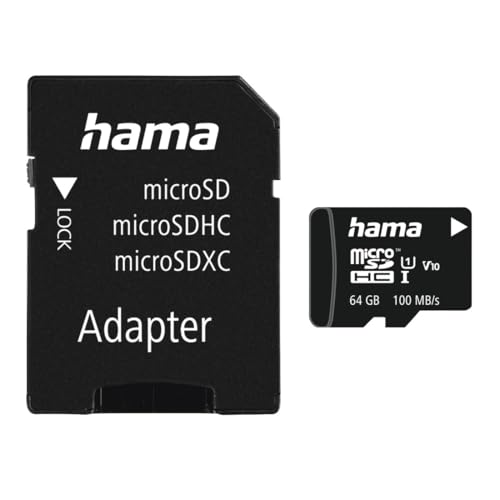 Hama microSD | microSDHC | microSDXC Karte 64GB 100MB/s Übertragungsgeschwindigkeit Class 10 microSD Speicherkarte im Mini-Format Mini SD z. B. für Android Handy, Smartphone, Tablet, Nintendo UHS-I Hama microSD | microSDHC | microSDXC Karte 64GB 100MB/s Übertragungsgeschwindigkeit Class 10 microSD Speicherkarte im Mini-Format Mini SD z. B. für Android Handy, Smartphone, Tablet, Nintendo UHS-I