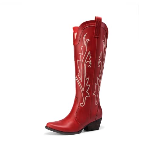 DREAM PAIRS Women's Embroidered Western Pull-On Knee-High Cowboy Boots 6 Red