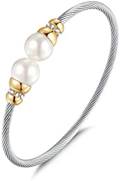 Tiyad Cable Bracelets Inspired Stainless Steel Twisted Cable Wire Cuff Bangle Bracelet Adjustable Elegant Bracelet Jewelry Gift for Women Teens Girls (Pearl diamonds)