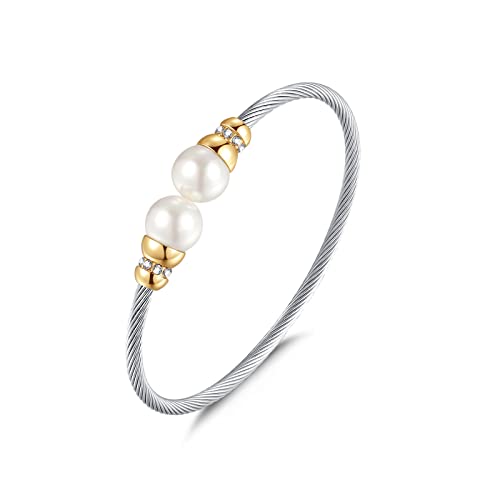 Tiyad Cable Bracelets Inspired Stainless Steel Twisted Cable Wire Cuff Bangle Bracelet Adjustable Elegant Bracelet Jewelry Gift For Women Teens Girls (Pearl Diamonds) #TOP5