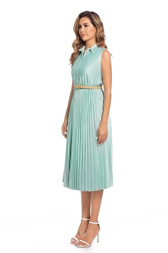 Image of Elegant Satin Midi Dress for Women Slim Long Belted Formal Business Work Casual Dresses