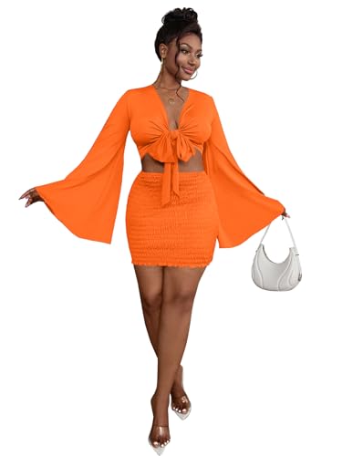 Image of LYANER Women 2 Piece Vacation Outfits Tie Knot Front Bell Long Sleeve Crop Top and Mini Skirt Summer Set