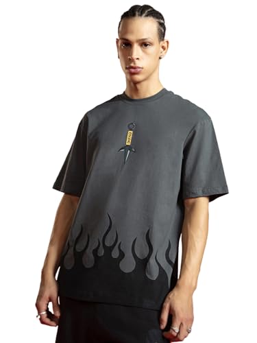 Image of Bewakoof Men's Printed Grey Round Neck Half Sleeve Loose Fit T-Shirt