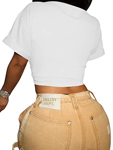 Zoyami Womens Sexy Tie Front Crop Top Short Sleeve Graphic Tee Shirt Clubwear2