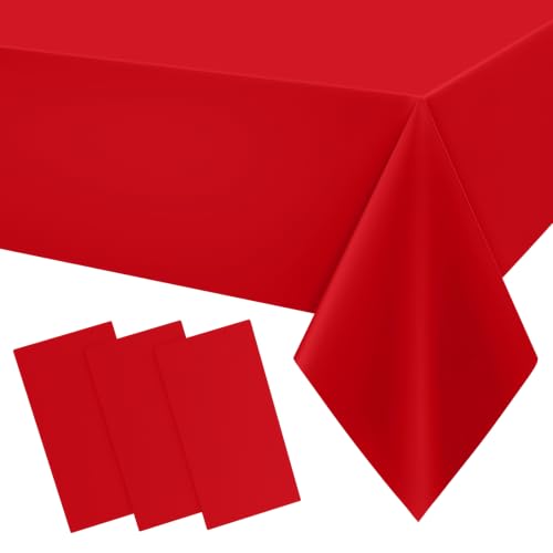 Image of Smiry Disposable Table Cloth 3 Pack, 54 x 108 Inch Waterproof Plastic Tablecloth, Decorative Rectangle Table Covers for Party, Birthday, Picnic, Red