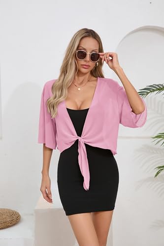 Image of TASAMO Women's 2026 Summer Lightweight Short Bolero Cardigan Shrug Sheer Tie Front Top 3 /4 Sleeve Jacket for Dress