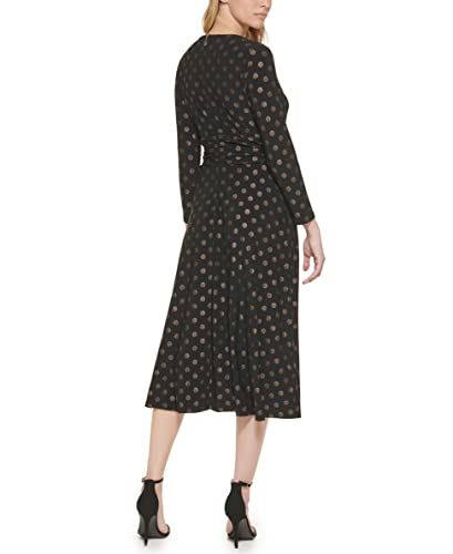 Image of Tommy Hilfiger Women's Long Sleeve V-Neck Belted Pleated Skirt A-Line Midi Dress