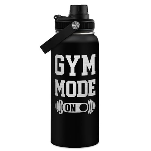 Image of SANDJEST Gym Insulated Engraved Stainless Steel Water Bottle 32oz, Vacuum Chug Lid Travel Tumbler For Men Friends Dad Gymer Trainer, Gym Mode on, Birthday Christmas Father's Day