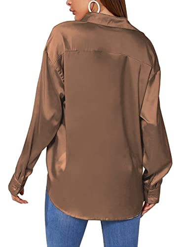 Chigant Women's Button Down Shirts Satin Silk Long Sleeve Business Office Blouses Tops (Light Coffee,X-Large) #TOP4