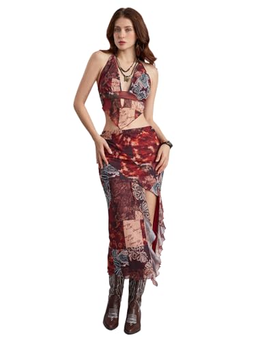 Verdusa Women's 2 Piece Boho Western Outfit Backless Halter Top Split Thigh Skirt3