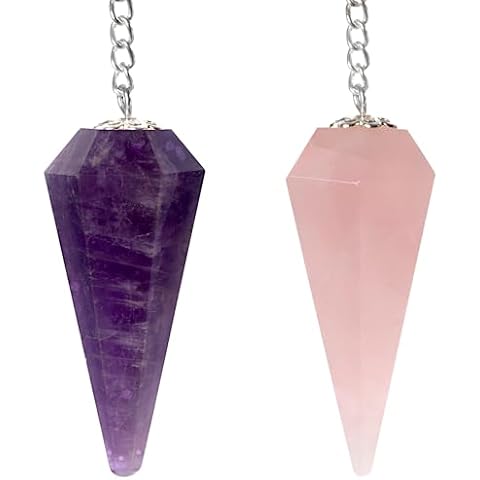 Wish Well 2 pc Rose Quartz & Amethyst Crystal Pendulum Set Divination Tools — Dowsing Pendulum Crystal with Crystal Ball for Meditation, Chakra Healing, Energy Work, Reiki, and Crystal Grid Cover