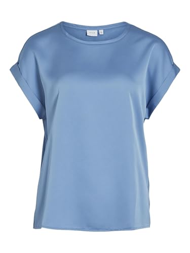 Vila Damen Satin Blusen T-Shirt Kurzarm Basic Rundhals Top Glänzend Tunika Blouse Oberteil VIELLETTE, Farben:Blau-4, Größe:40