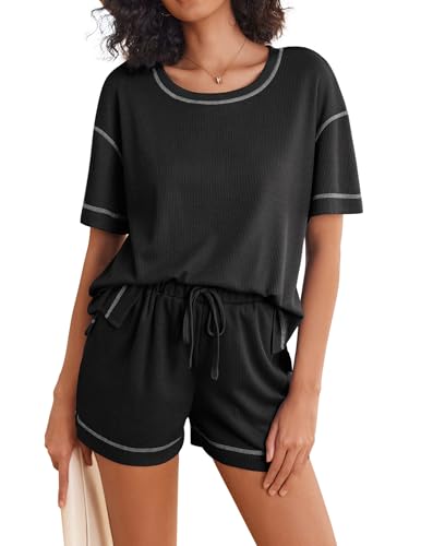 Image of Ekouaer Women's Waffle Knit Two Piece Lounge Set, Soft Matching Outfits for Daily Wear, Casual Shorts Set with Pocket