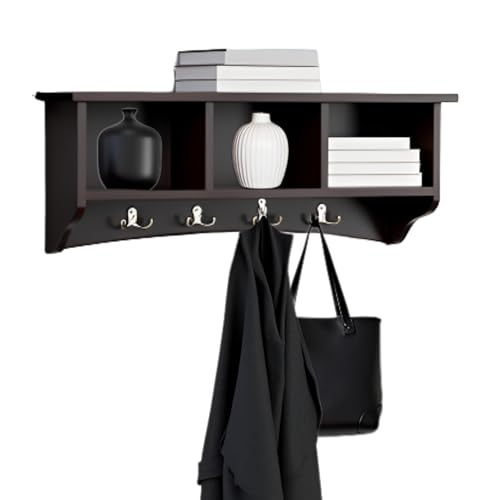 Image of Shaker Cottage Wall-Mounted Coat Rack with 3 Storage Cubbies and Hooks - Hanging Wall Organizer for Entryway, Mudroom, or Hallway, Space-Saving Wall Shelf, 36 inch W x 9 inch D x 14 inch H (Chocolate Finish)