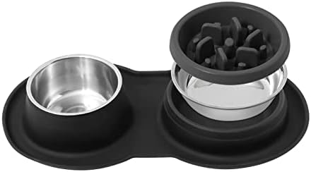 Dog Water Food Bowls (5-in-1) Slow Feeder Stainless Steel Dishes with Non-Slip Silicone Feeding Mat, Raised Edges for No Spills, Pet Bowls for Puppy Medium Dogs Cats (Black)
