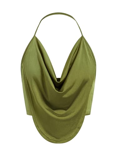 Women's Draped Backless Halter Top Asymmetrical Hem Slim Fit Camisole Top Clubwear