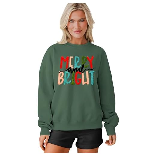 MAPICK Christmas Sweatshirt for Women Merry and Bright Embroidery Sweaters Crewneck Fleece Linend Warm Winter Clothes, Green, Large