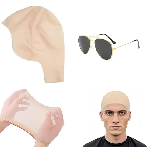 fufupaw 3 Stück Glatzenkappe, Bald Cap, Bald Cap Mit Haarnetz Brille für Kostümpartys, Halloween und Cosplay, Realistische Hautfarbe, Karneval Make-Up Kostümzubehör ﻿