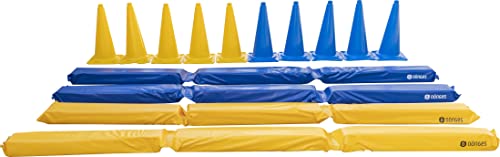 Foto von Dönges Pferdegasse Set mit 10 XXL Pylonen Blau Gelb + 4 gefüllte Balken inkl. Tragetasche - Richtläufer und Leitkegel Übungsstange Trabstange Pferdeausbildung Bodenarbeit Softstange