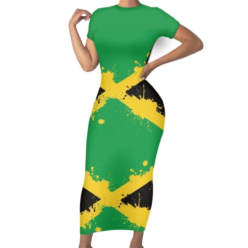 Image of Womens Short Sleeve Jamaican Flag Midi Bodycon Dress