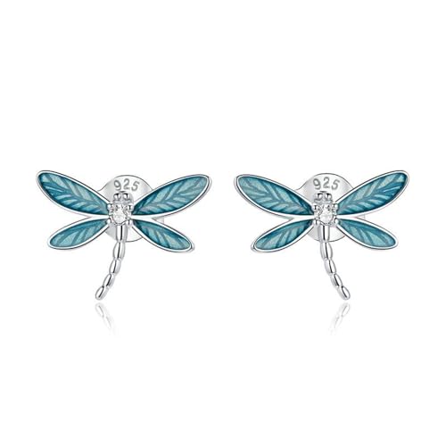 Insecto S925 Pendientes de Plata Azul Goteo Aceite de libélula Cumpleaños Boda Navidad Valentines Día Regalos para su Madre Joyas para Novias