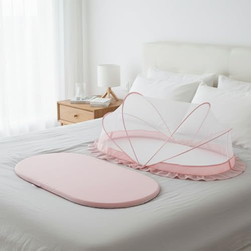 Image of SafeMyles Foldable Baby Mosquito Net with Bed | Soft & Breathable Polyester Mesh with Elegant Round Frill | Ideal for Newborns, Infants & Toddlers (Pink, 90x50x50 cm)