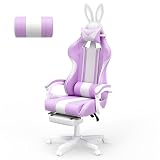 Ferghana Kawaii Light Purple Gaming Chair with Bunny Ears, Ergonomic Cute Gamer Chair with Footrest and Massage, Racing Reclining Leather Computer Game Chair for Girls Adults Teens Kids