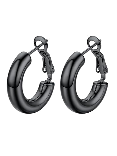 Image of Stainless Steel Chunky Hoop Earrings For Women, Minimalist and Chic, Black /Gold Plated, Round Hoops Earrings Hypoallergenic, Size: 30mm /40mm /60mm /80mm, Come with Box