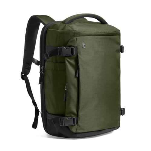 Travel backpack in olive green, featuring multiple compartments, adjustable straps, and a sleek design, ideal for tech-savvy travelers seeking functional luggage solutions.