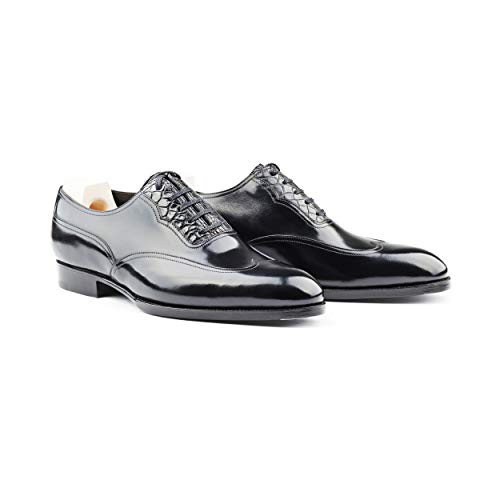 Costoso-Italiano-Goodyear-Welted-Wyre-Forest-Mens-Black-Leather-with-Croc-Print-Formal-Lace-Up-Toe-Cap-Wingtip-Oxford-Shoes-with-Violin-Leather-Sole