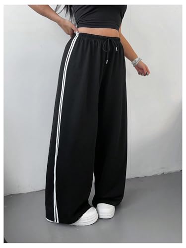 GORGLITTER Women's Plus Size Wide Leg Striped Baggy Track Pants Drawstring High Waist Sweatpants3