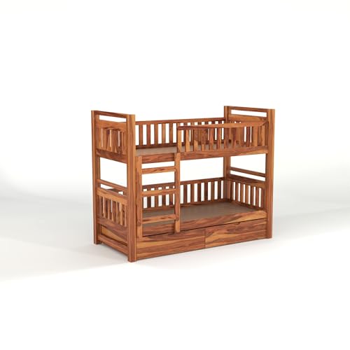 Image of Solid Sheesham Wood Bunk Bed Twin Over Bed with Ladder Wooden Bunk Bed with 2 Drawer Storage for Bedroom Living Room Home (Natural Finish)