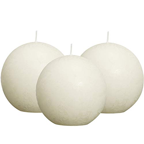bolsius 3 pack unscented rustic ivory 3 inch round ball pillar candles - 24 hour - premium european quality - wedding, party, church, spa, and home decoration smokeless dripless paraffin wax candles