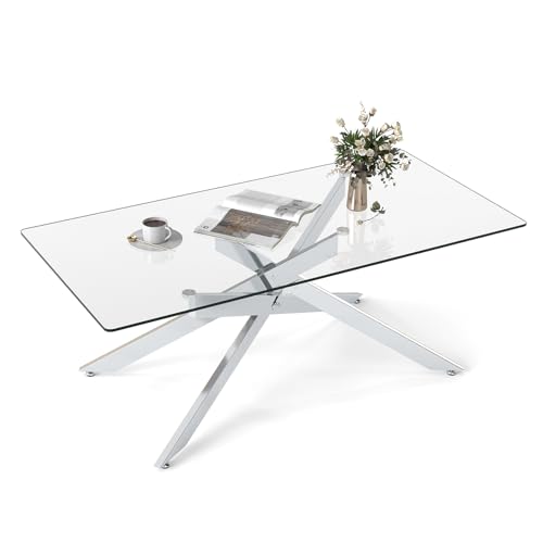 COSTWAY Mesa de Centro de Cristal, Mesa Central Rectangular con Tapa de Cristal Templado y Patas Tubulares de Metal, Mesita de Café Moderna para Salón Oficina Apartamento, 120 x 60 x 45,5 cm (Plata)
