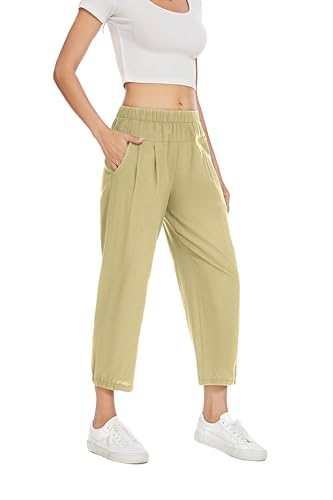 Calça feminina capri para ioga, folgada, macia, casual, com bolsos, Caqui, P