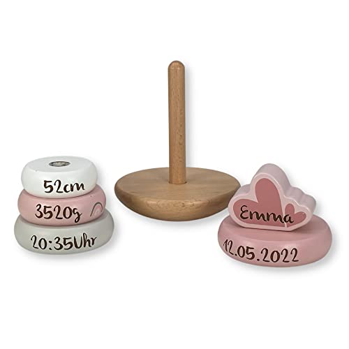 KIDSLINO Stapelturm rosa - personalisierbar I Geschenk zur Geburt & Taufe Handmade Baby Holzspielzeug Personalisierte Geschenke Label-Label Stapelspiel mit Name Geburtsdaten
