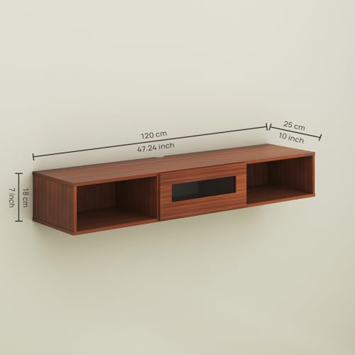 Image of Anikaa Novus Wall Mount Modern Floating TV Unit for Living Room with Open Shelf Storage Cabinet & Middle Cabinet Blue LED Light (Ideal for 32 to 55 inch TV, DIY Installation, Walnut Finish)