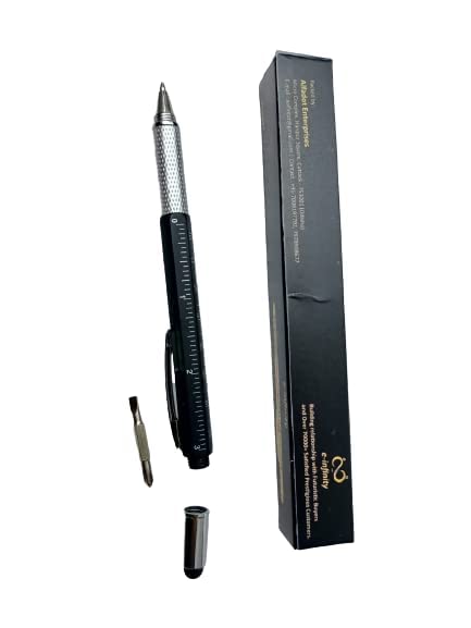 6in1 ABS And Metal Multitool with Ballpoint Pen, Touchscreen Stylus Pen, Ruler, Spirit Level, Flat and Phillips Screwdriver for Tablets, Smartphones, Black