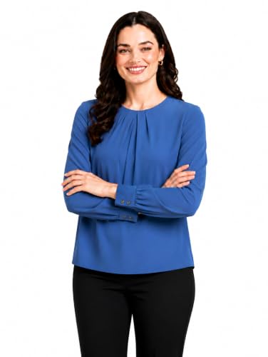 Image of Mirana Women's Full Sleeve Solid Top | Round Neck Pleated Front Regular Fit Office Casual Blouse with Button Cuffs