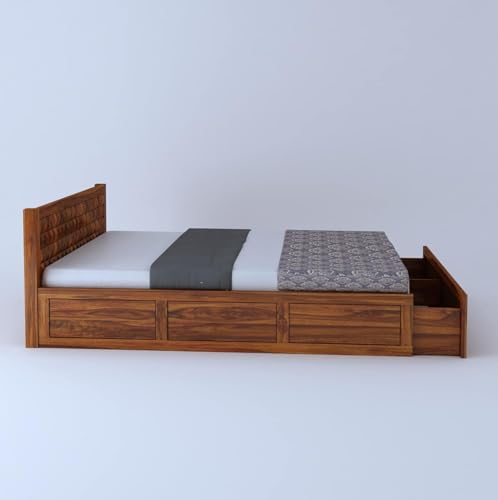 Image of Ganpati Arts Solid Sheesham Wood King Size Bed with Half Box and Front Trolly Storage for Bedroom Living Room Home | Wooden Double Bed Cot Palang Furniture for Hotel (Natural Finish)