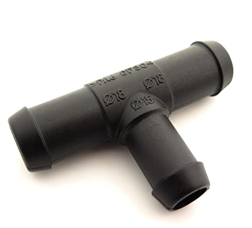 227s Twin 18mm to 15mm T-Piece Hose Connectors to Join Water, Fuel & Breather Pipes - Resistant to Fuels, Oils & Coolant - For Use Between -30C & 140C - Nylon PA66 - Black - 2 Pack