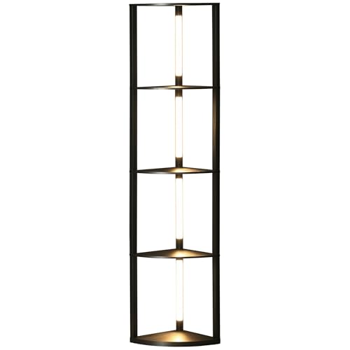 HOMCOM Lampadaire sur pied salon, lampadaire avec étagères d'angle à 4 niveaux, lampe moderne LED dimmable, lumière réglable vers droite ou gauche, interrupteur à pied, pour salon chambre bureau, noir
