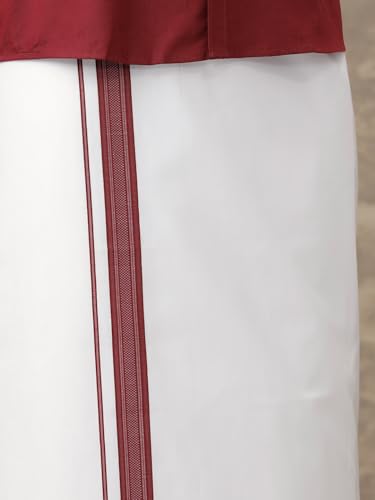 Image of RAMRAJ COTTON Men Full Sleeve Solid Shirt With Matching Border Dhoti|Ideal For Weddings And Occasion