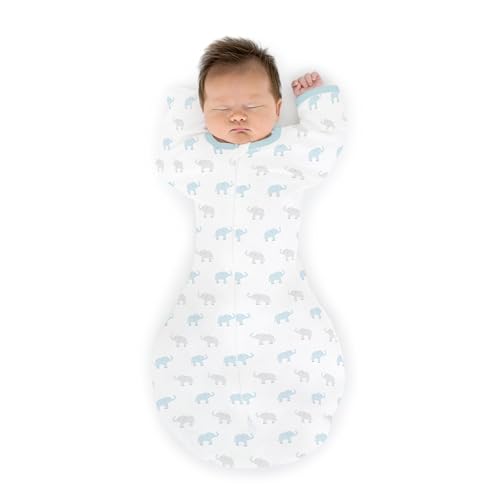 Image of Amazing Baby Transitional Swaddle Sack with Arms Up Half-Length Sleeves and Mitten Cuffs, Medium, 3-6 months, 14-21 lbs, Tiny Elephants, Blue (Arms Up Swaddle, Transition Swaddle Sleep Sack)