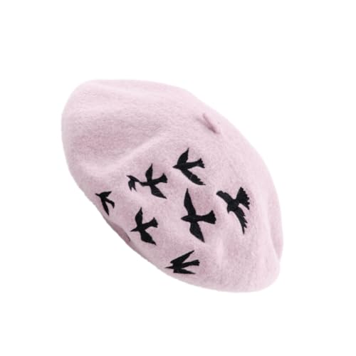 Holibanna Woolen Beret Hat Embroidery Style Soft and Breathable Ideal for Autumn/Pink