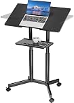 BONTEC Lecterns & Podiums, Mobile Standing Laptop Desk with Storage Tray, Height Adjustable Sit Stand Desk, Rolling Teacher Station for Classroom Office, Portable Laptop Cart and Computer Cart